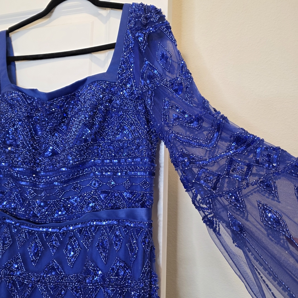 Serene Hill Beaded Elegant Blue Cape Sleeve Evening Gown - Size US 12 Large - Picture 7 of 17